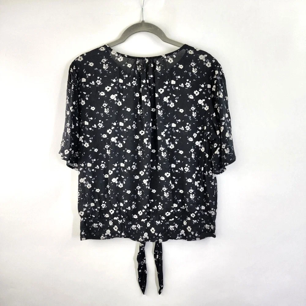 Cloth & Stone Top Women's S Floral Chic Tie Waist Crop Black White Floral